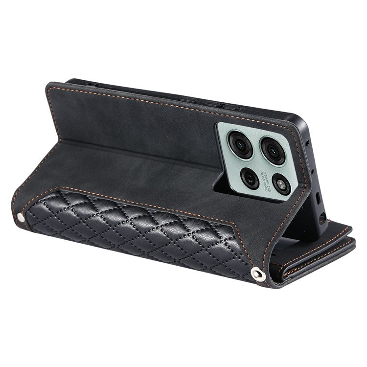 Style 005 For Motorola Moto G75 5G Wallet Case Rhombus Stitching Line PU Leather Phone Cover - Black