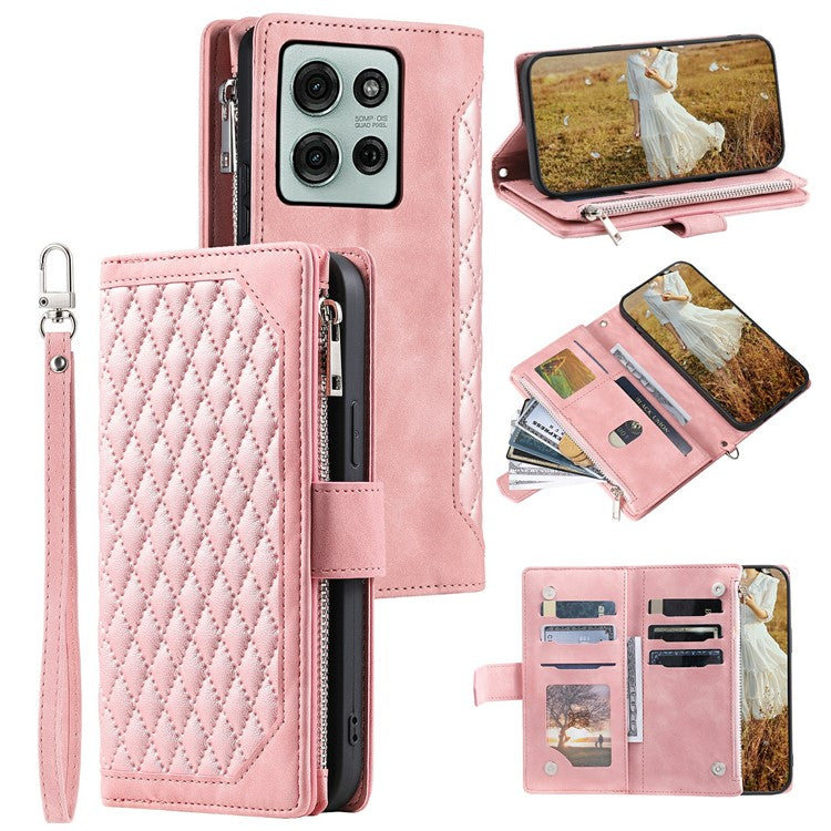 Style 005 For Motorola Moto G75 5G Wallet Case Rhombus Stitching Line PU Leather Phone Cover - Rose Gold