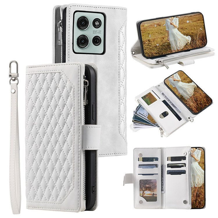 Style 005 For Motorola Moto G75 5G Wallet Case Rhombus Stitching Line PU Leather Phone Cover - White