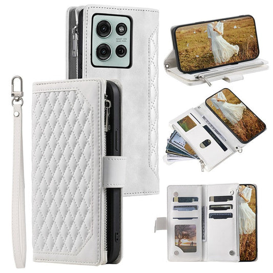 Style 005 For Motorola Moto G75 5G Wallet Case Rhombus Stitching Line PU Leather Phone Cover - White