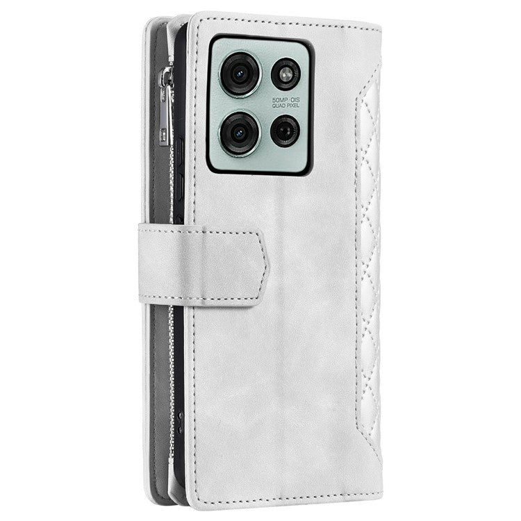 Style 005 For Motorola Moto G75 5G Wallet Case Rhombus Stitching Line PU Leather Phone Cover - White