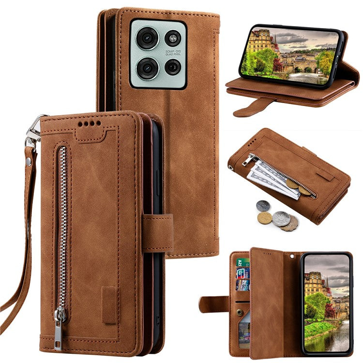 For Motorola Moto G75 5G Case PU Leather Phone Cover with Zipper Wallet 9 Card Slots - Brown