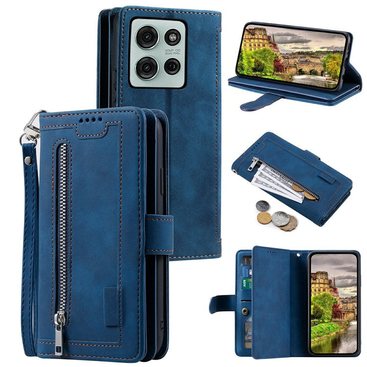 For Motorola Moto G75 5G Case PU Leather Phone Cover with Zipper Wallet 9 Card Slots - Blue