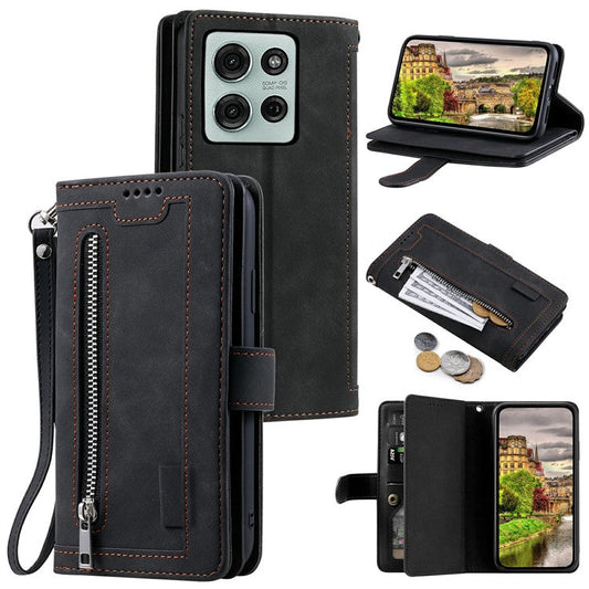 For Motorola Moto G75 5G Case PU Leather Phone Cover with Zipper Wallet 9 Card Slots - Black