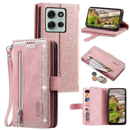 For Motorola Moto G75 5G Case PU Leather Phone Cover with Zipper Wallet 9 Card Slots - Rose Gold