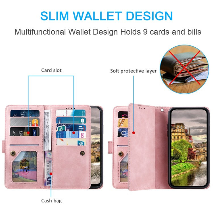 For Motorola Moto G75 5G Case PU Leather Phone Cover with Zipper Wallet 9 Card Slots - Rose Gold