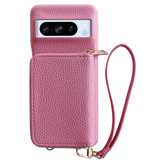 For Google Pixel 8 Pro Case Zipper Card Slots PU Leather Phone Back Cover with Wrist Strap - Pink