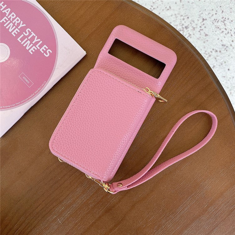 For Google Pixel 8 Pro Case Zipper Card Slots PU Leather Phone Back Cover with Wrist Strap - Pink