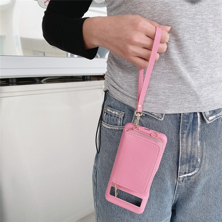 For Google Pixel 8 Pro Case Zipper Card Slots PU Leather Phone Back Cover with Wrist Strap - Pink