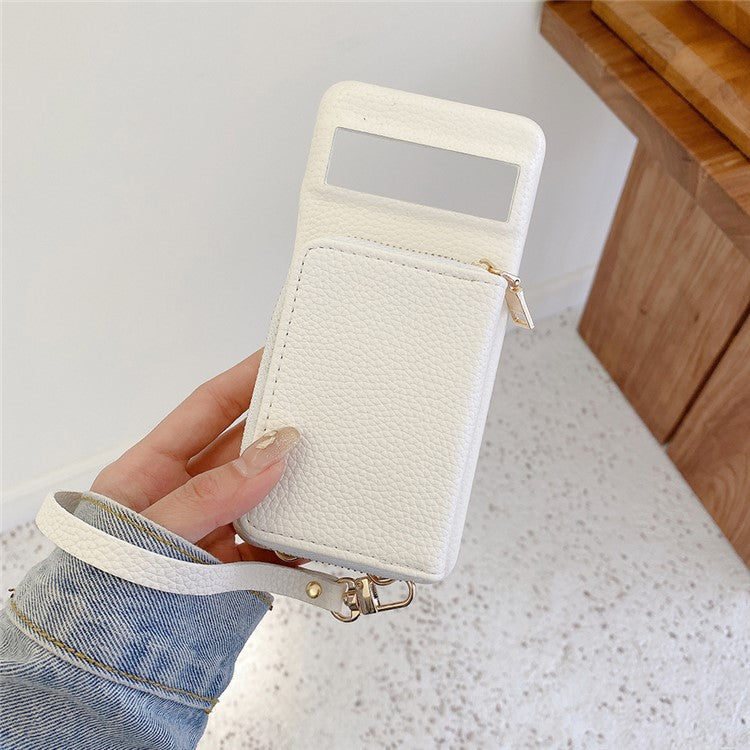For Google Pixel 8 Pro Case Zipper Card Slots PU Leather Phone Back Cover with Wrist Strap - White
