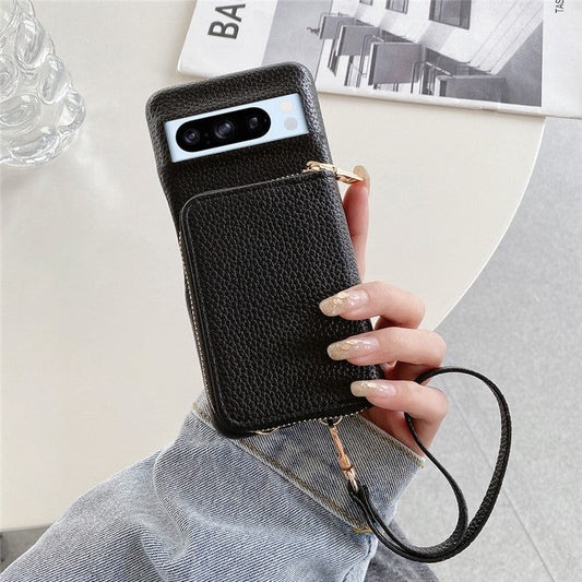 For Google Pixel 8 Pro Case Zipper Card Slots PU Leather Phone Back Cover with Wrist Strap - Black