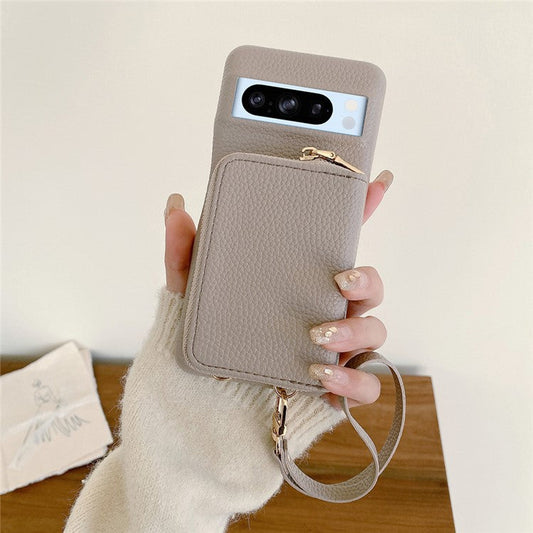 For Google Pixel 8 Pro Case Zipper Card Slots PU Leather Phone Back Cover with Wrist Strap - Grey