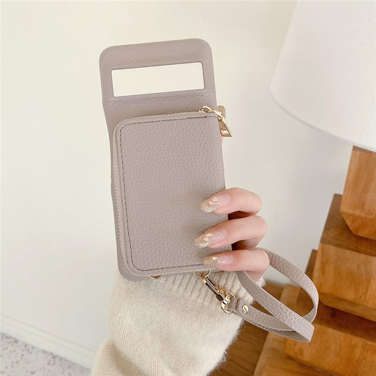 For Google Pixel 8 Pro Case Zipper Card Slots PU Leather Phone Back Cover with Wrist Strap - Grey