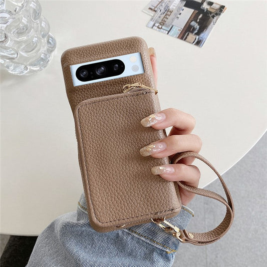 For Google Pixel 8 Pro Case Zipper Card Slots PU Leather Phone Back Cover with Wrist Strap - Light Brown