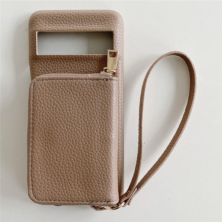 For Google Pixel 8 Pro Case Zipper Card Slots PU Leather Phone Back Cover with Wrist Strap - Light Brown