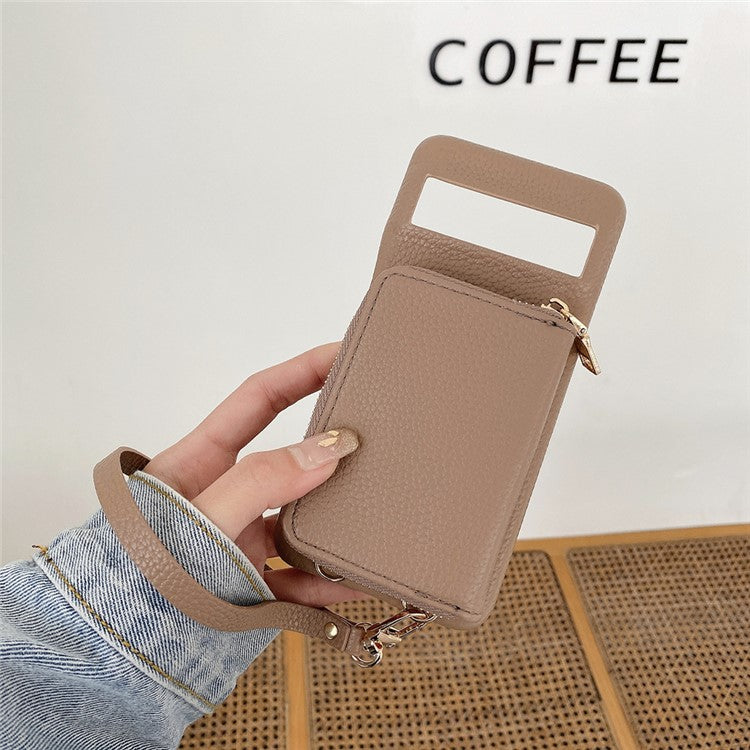 For Google Pixel 8 Pro Case Zipper Card Slots PU Leather Phone Back Cover with Wrist Strap - Light Brown