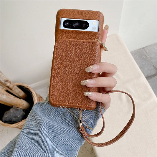 For Google Pixel 8 Pro Case Zipper Card Slots PU Leather Phone Back Cover with Wrist Strap - Dark Brown