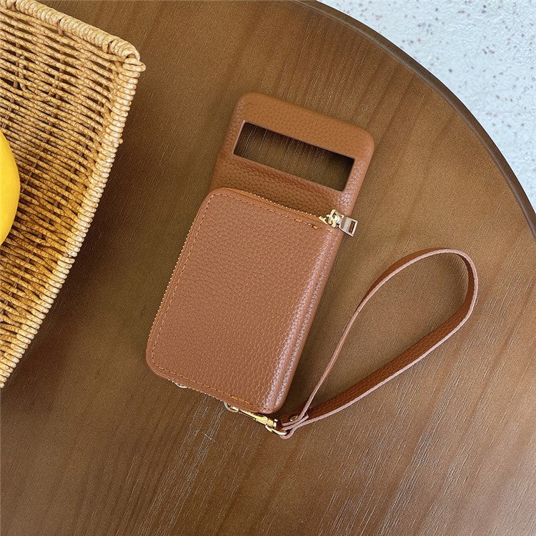 For Google Pixel 8 Pro Case Zipper Card Slots PU Leather Phone Back Cover with Wrist Strap - Dark Brown