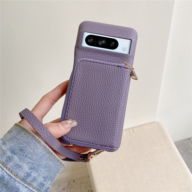For Google Pixel 8 Pro Case Zipper Card Slots PU Leather Phone Back Cover with Wrist Strap - Purple