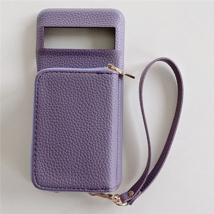 For Google Pixel 8 Pro Case Zipper Card Slots PU Leather Phone Back Cover with Wrist Strap - Purple