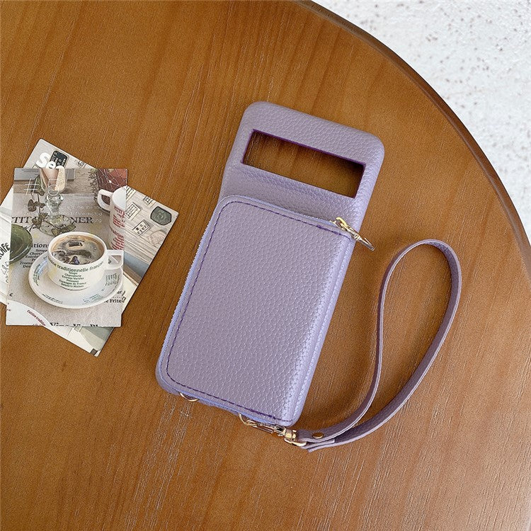For Google Pixel 8 Pro Case Zipper Card Slots PU Leather Phone Back Cover with Wrist Strap - Purple