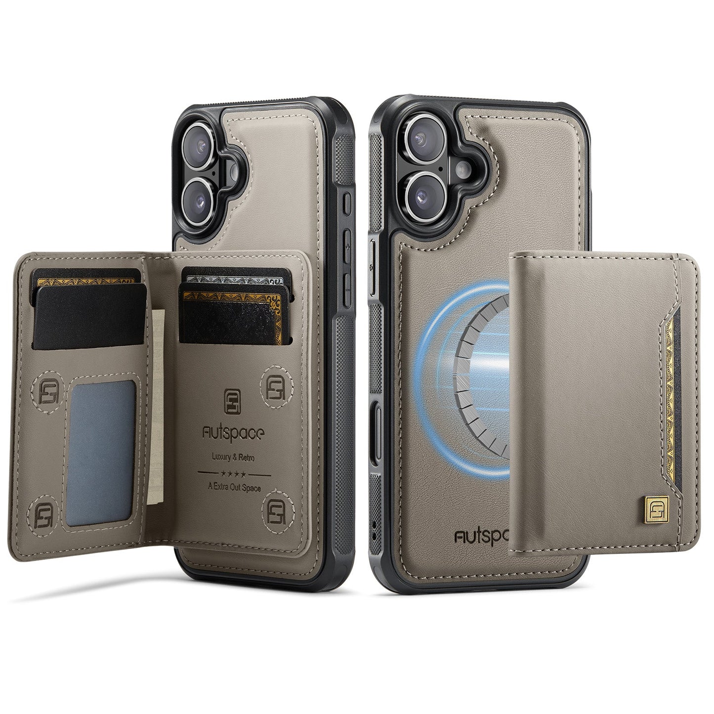 For iPhone 16 Plus Case AUTSPACE A13 Vintage Leather Back Cover with Magnetic Detachable Card Bag - Grey