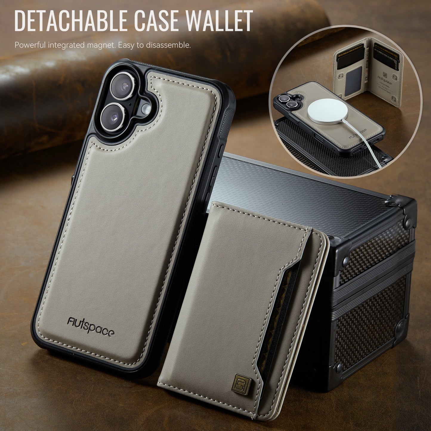 For iPhone 16 Plus Case AUTSPACE A13 Vintage Leather Back Cover with Magnetic Detachable Card Bag - Grey