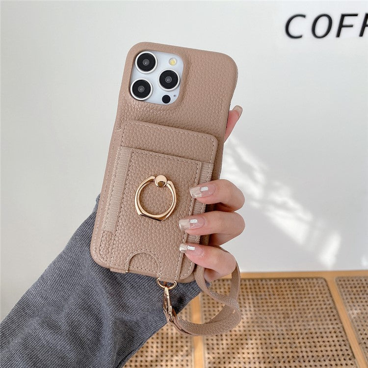 For iPhone 16 Pro Case Card Slots Kickstand PU Leather Back Cover with Ring Holder, Wrist Strap - Light Brown