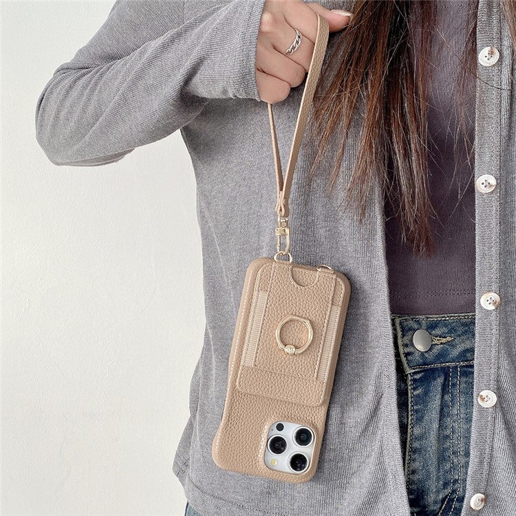 For iPhone 16 Pro Case Card Slots Kickstand PU Leather Back Cover with Ring Holder, Wrist Strap - Light Brown