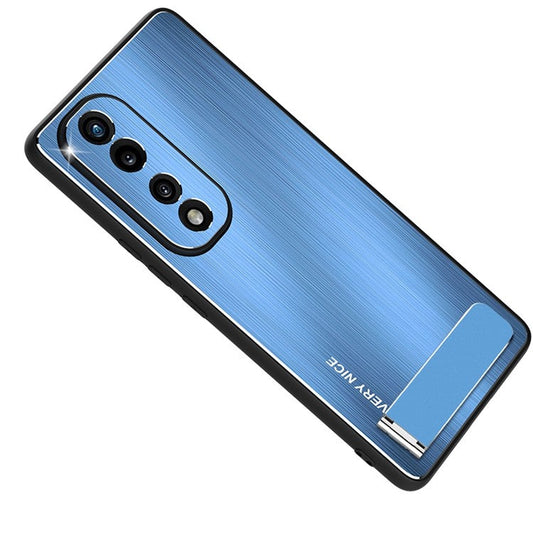 For Honor 70 Pro 5G TPU Bumper Brushed Aluminium Alloy Back Phone Case Anti-drop Kickstand Cover - Blue