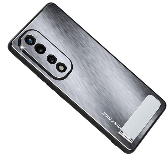 For Honor 70 Pro 5G TPU Bumper Brushed Aluminium Alloy Back Phone Case Anti-drop Kickstand Cover - Silver