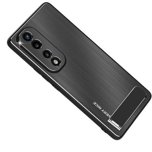 For Honor 70 Pro 5G TPU Bumper Brushed Aluminium Alloy Back Phone Case Anti-drop Kickstand Cover - Black