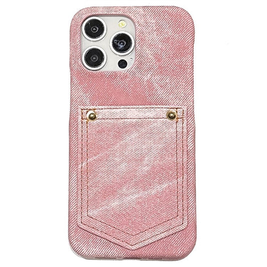 For iPhone 16 Pro Case Card Holder Jeans Cloth Texture PU Leather Back Cover - Pink