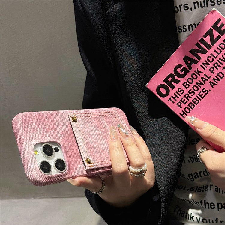For iPhone 16 Pro Case Card Holder Jeans Cloth Texture PU Leather Back Cover - Pink
