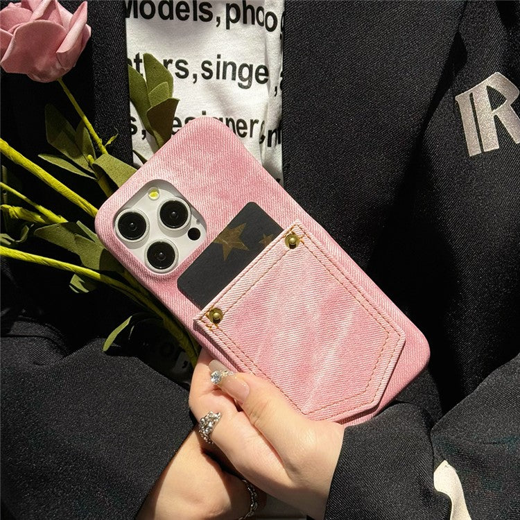 For iPhone 16 Pro Case Card Holder Jeans Cloth Texture PU Leather Back Cover - Pink