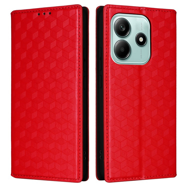 For Xiaomi Redmi Note 14 4G / 5G Wallet Case Rhombus Imprinted Leather Phone Cover - Red