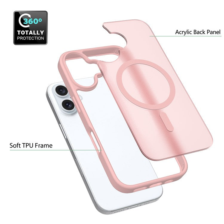 For iPhone 16 Compatible with MagSafe TPU Frame Acrylic Back Phone Cover Skin Touch - Pink