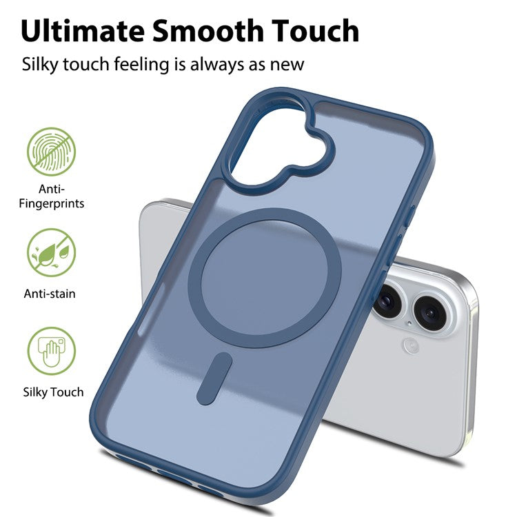 For iPhone 16 Compatible with MagSafe TPU Frame Acrylic Back Phone Cover Skin Touch - Blue