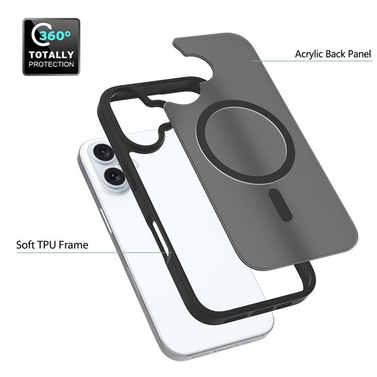 For iPhone 16 Plus Compatible with MagSafe TPU Frame Acrylic Back Phone Cover Skin Touch - Black