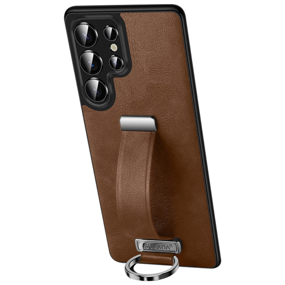 SULADA Fashion Series for Samsung Galaxy S25 Ultra Case Wristband Kickstand Leather Back Phone Cover - Brown