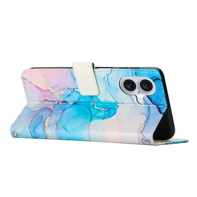 For iPhone 16 Plus Stand Case Marble Pattern PU Leather Wallet Phone Cover with Wrist Strap - Pink  /  Green