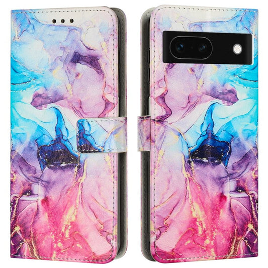 For Google Pixel 8a Stand Case Marble Pattern PU Leather Wallet Phone Cover with Wrist Strap - Pink  /  Purple