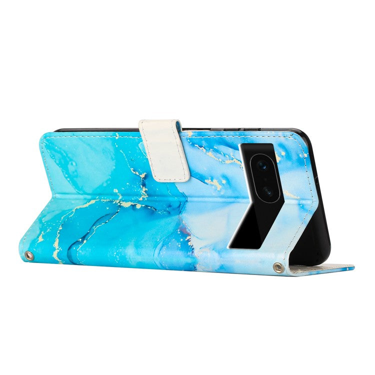 For Google Pixel 8a Stand Case Marble Pattern PU Leather Wallet Phone Cover with Wrist Strap - Blue  /  Green
