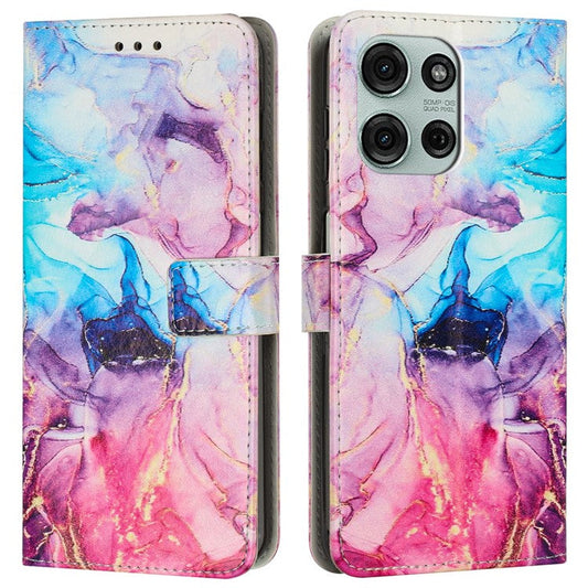 For Motorola Moto G75 5G Stand Case Marble Pattern PU Leather Wallet Phone Cover with Wrist Strap - Pink  /  Purple