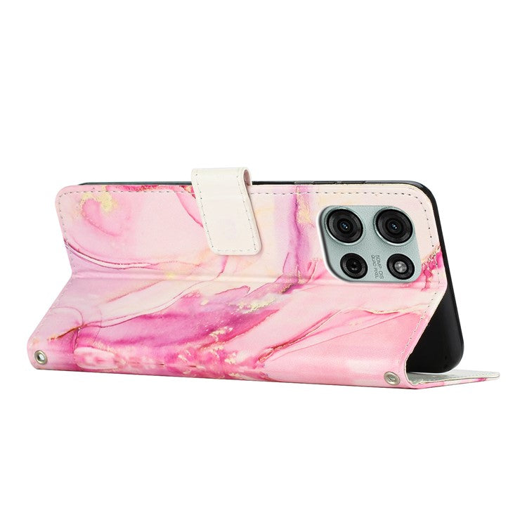 For Motorola Moto G75 5G Stand Case Marble Pattern PU Leather Wallet Phone Cover with Wrist Strap - Rose Gold