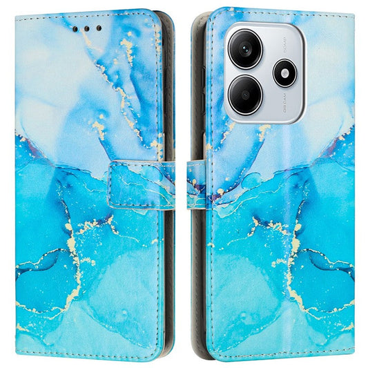 For Xiaomi Redmi Note 14 5G Stand Case Marble Pattern PU Leather Wallet Phone Cover with Wrist Strap - Blue  /  Green