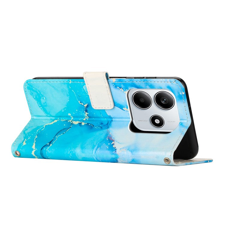 For Xiaomi Redmi Note 14 5G Stand Case Marble Pattern PU Leather Wallet Phone Cover with Wrist Strap - Blue  /  Green