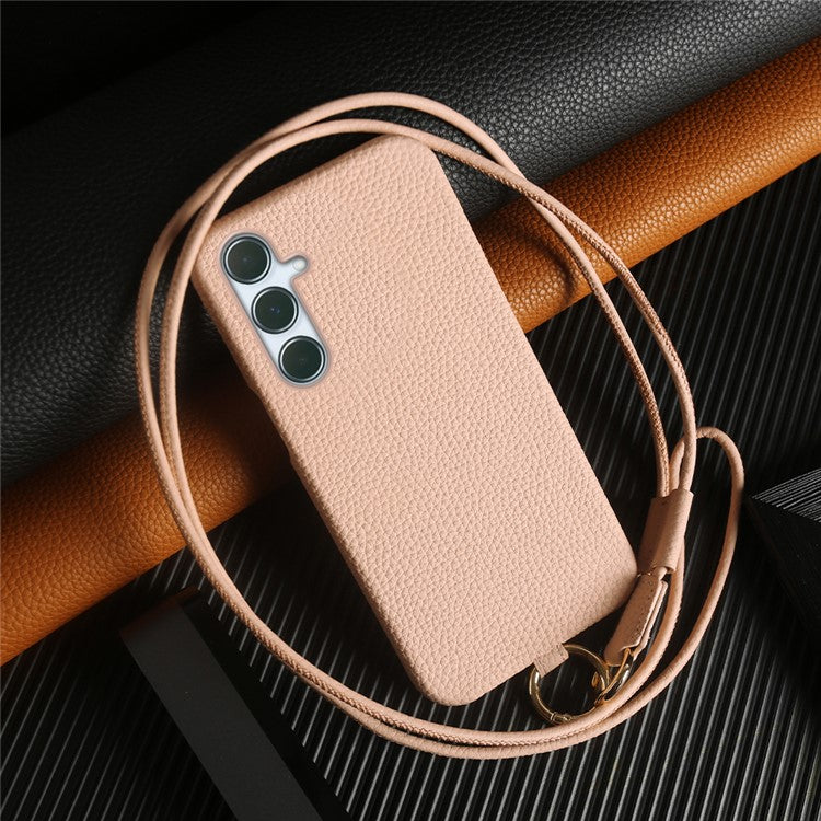 For Samsung Galaxy A55 5G Case with Lanyard Genuine Cow Leather PC Phone Back Cover - Pink