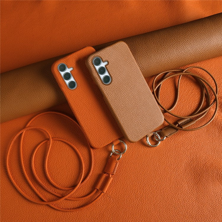 For Samsung Galaxy A55 5G Case with Lanyard Genuine Cow Leather PC Phone Back Cover - Pink