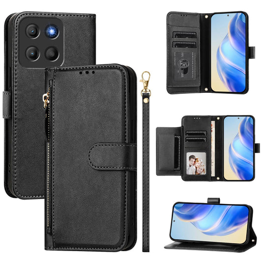 For Motorola Moto G15 4G Case Zipper Pocket Multiple Card Slots Leather Phone Cover - Black
